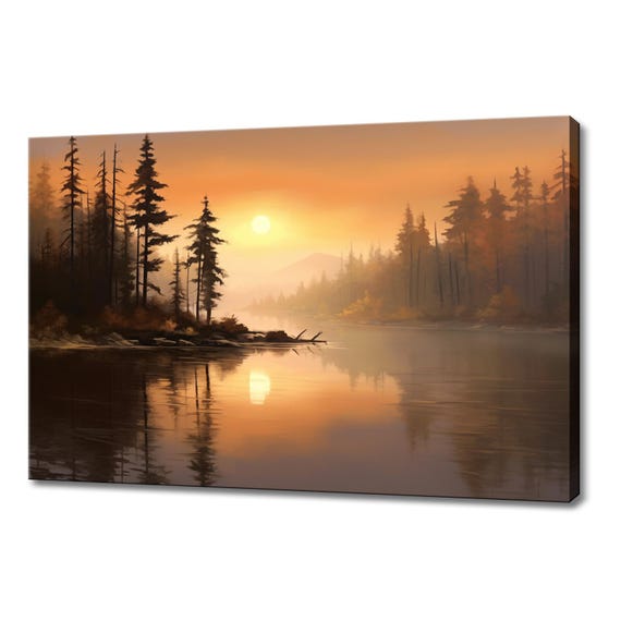 Sunset Over The Lake Vintage Landscape Painting Style Print Farmhouse Decor Art Nature Picture Wall Hanging Fine Art Print