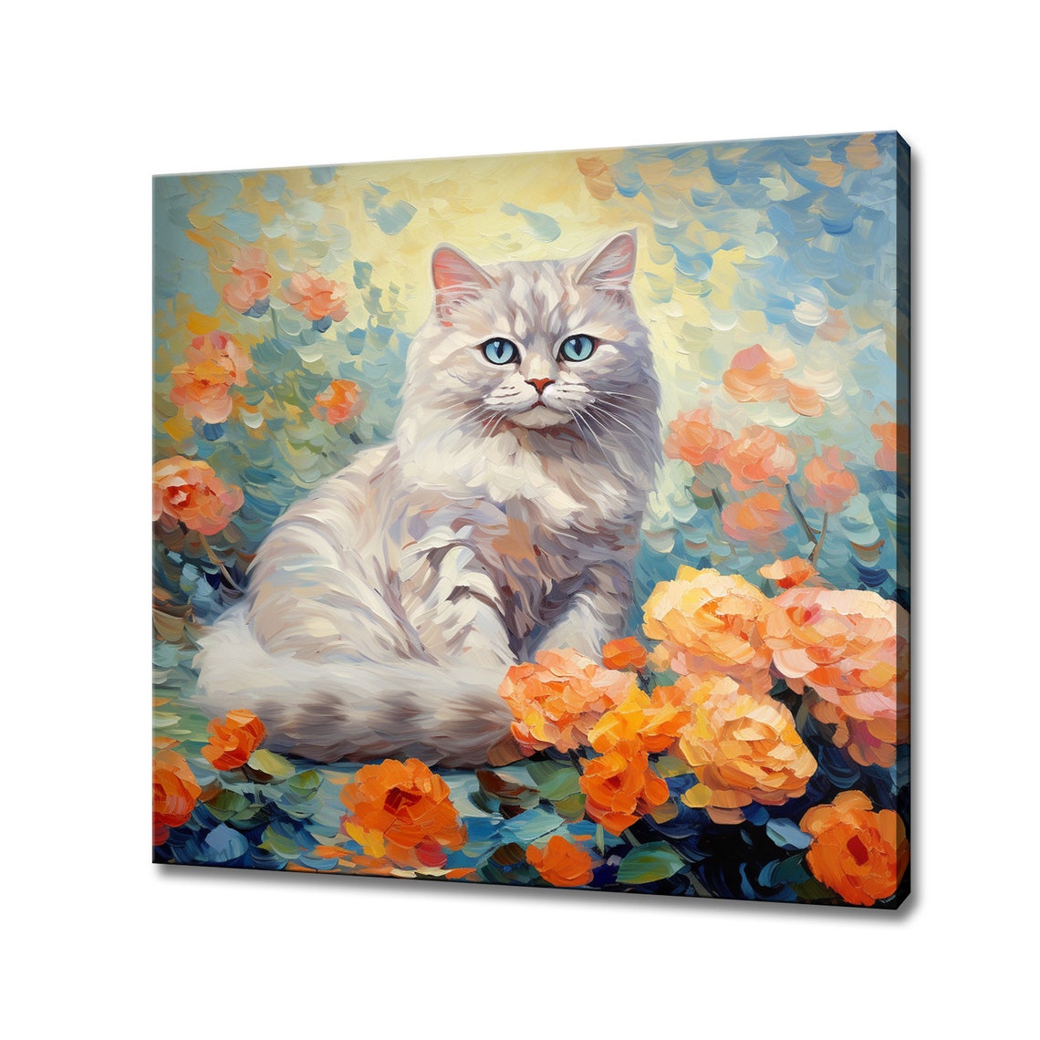 White Fluffy Cat Among Orange Blossoms Dreamy Pastel Art Poster