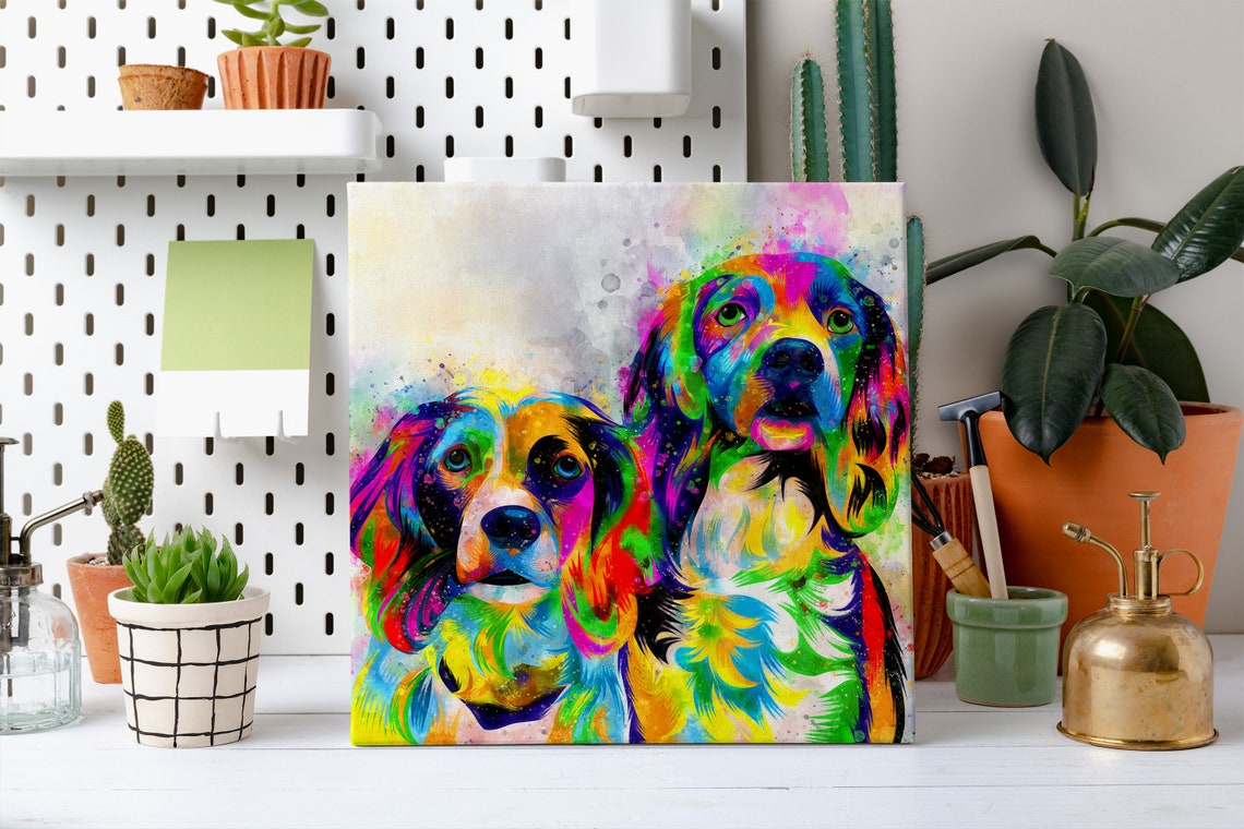 Two Spaniel Dogs Portrait Rainbow Watercolour Pet Art Poster - Image 2