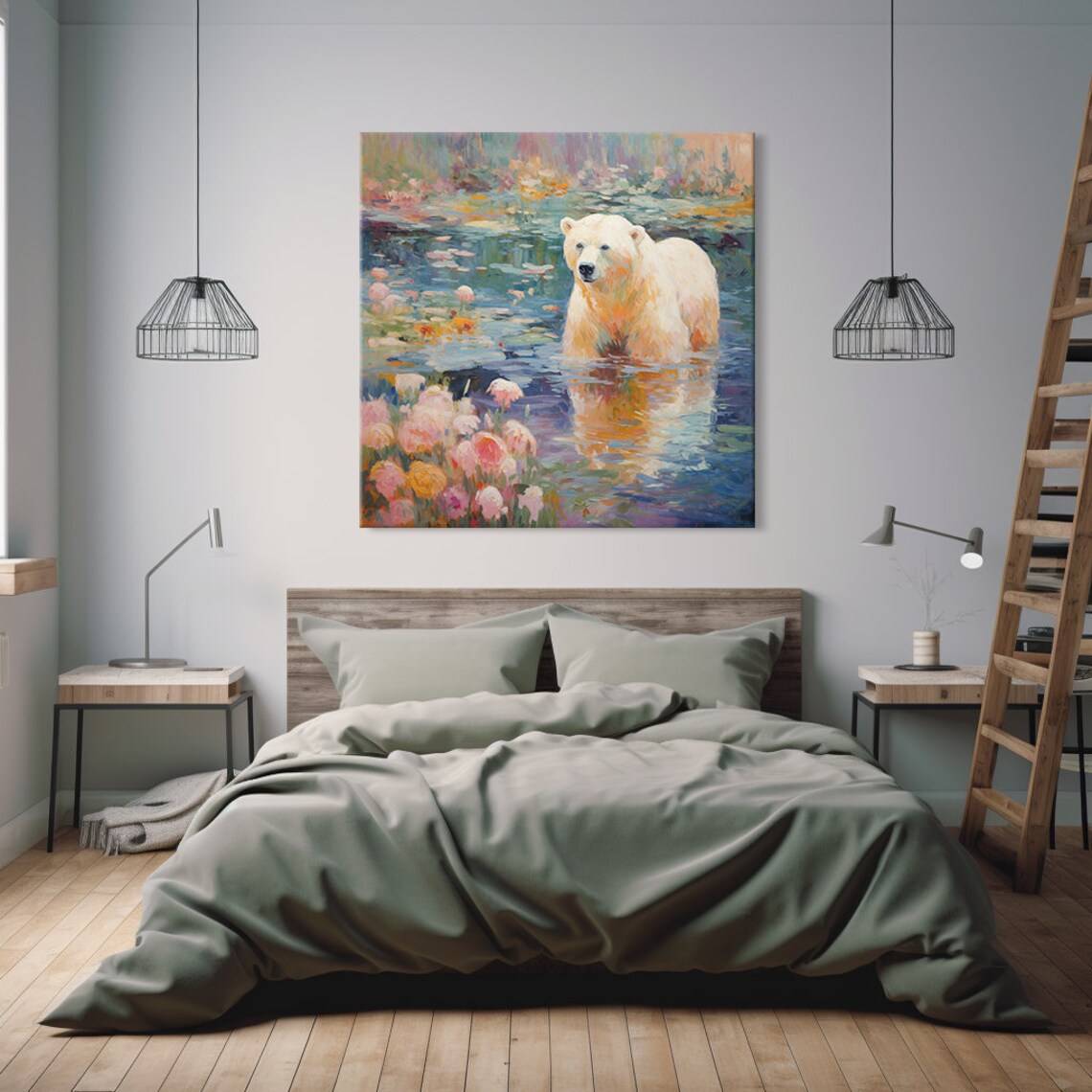 Polar Bear Swimming Among Water Lilies Pink Flowers Painting Poster - Image 2