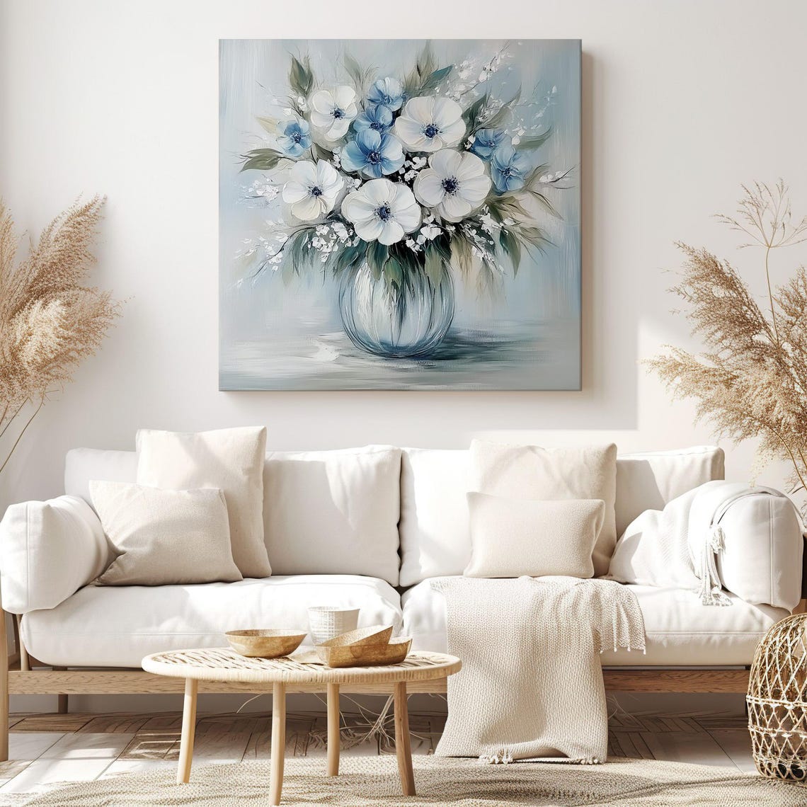 White Blue Anemone Flowers In Glass Vase Botanical Painting Print - Image 3