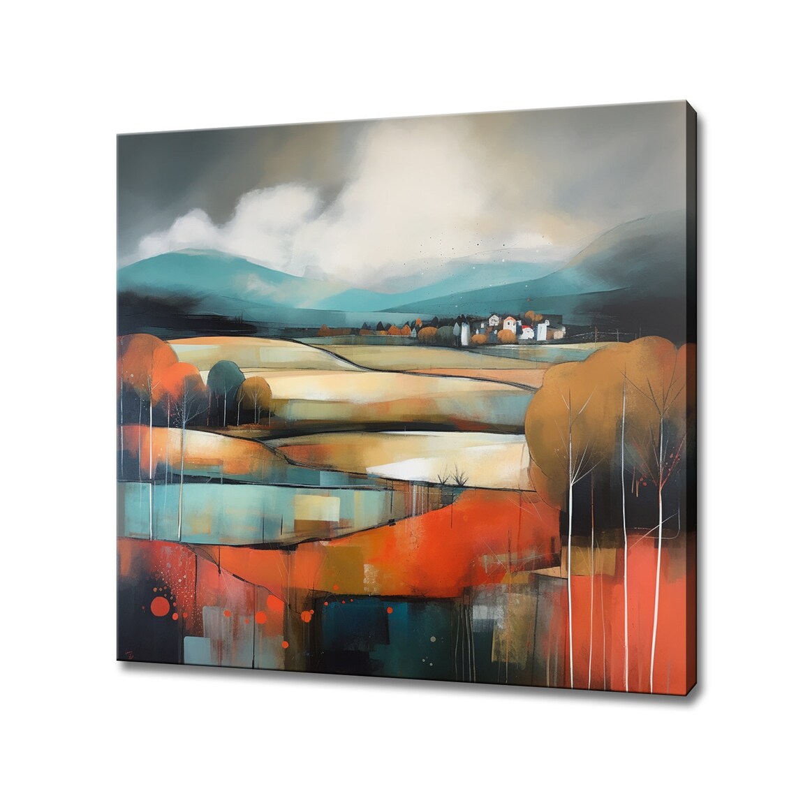 Abstract Mountain Village Sunset Orange Teal Landscape Painting Poster