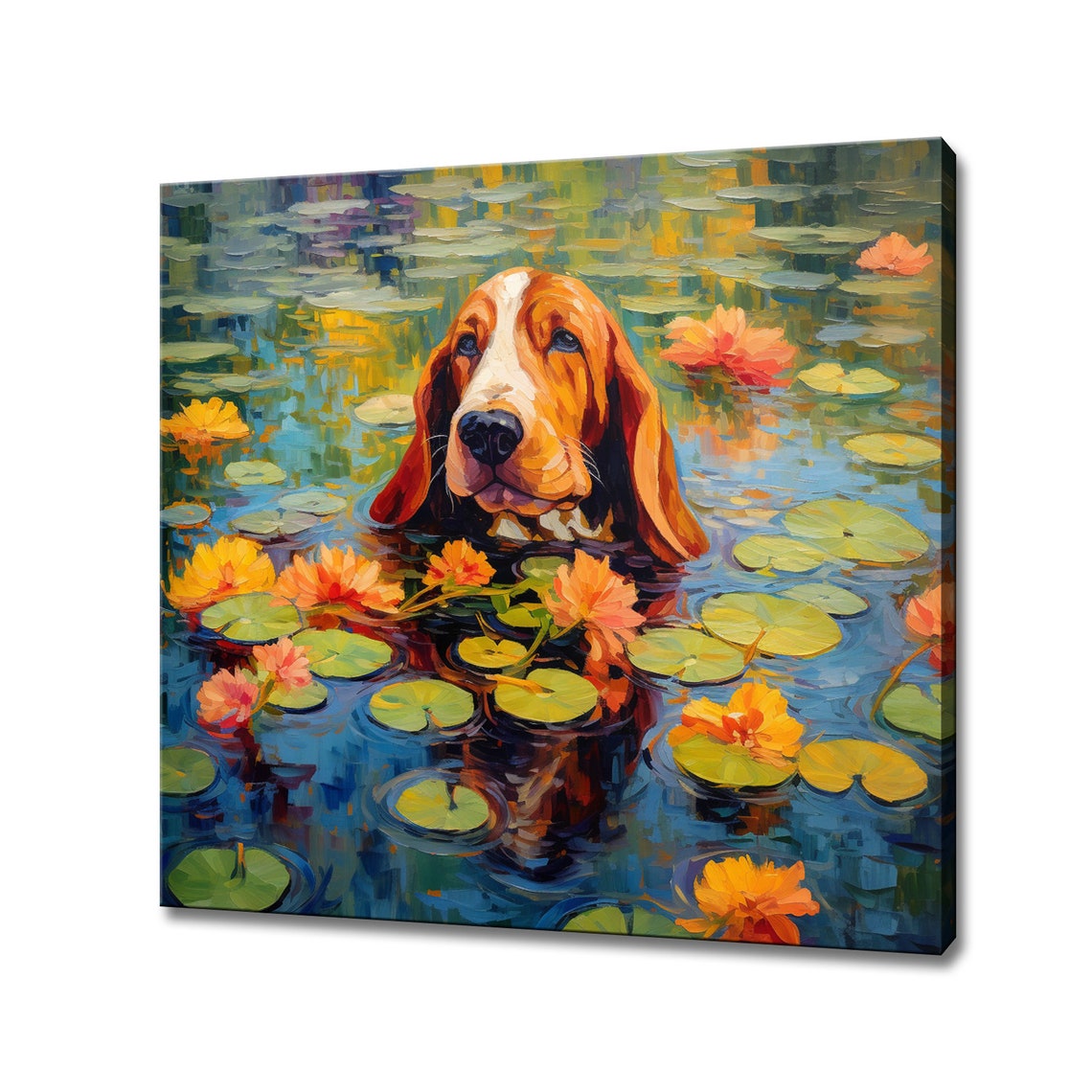 Colourful Basset Hound Dog In Flowers River Animal Print Gift For Dog Lover Colourful Dog Portrait Painting Print Dog Wall Art