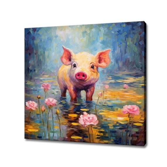Cute Little Piglet In The Pond Print Gift For Piglet Lover Colourful Piglet Portrait Painting Print Piglet Pet Wall Art