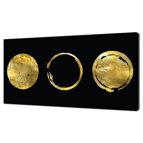 Gold Brush Stroke Moon Circles On Black Modern Abstract Wall Art Poster