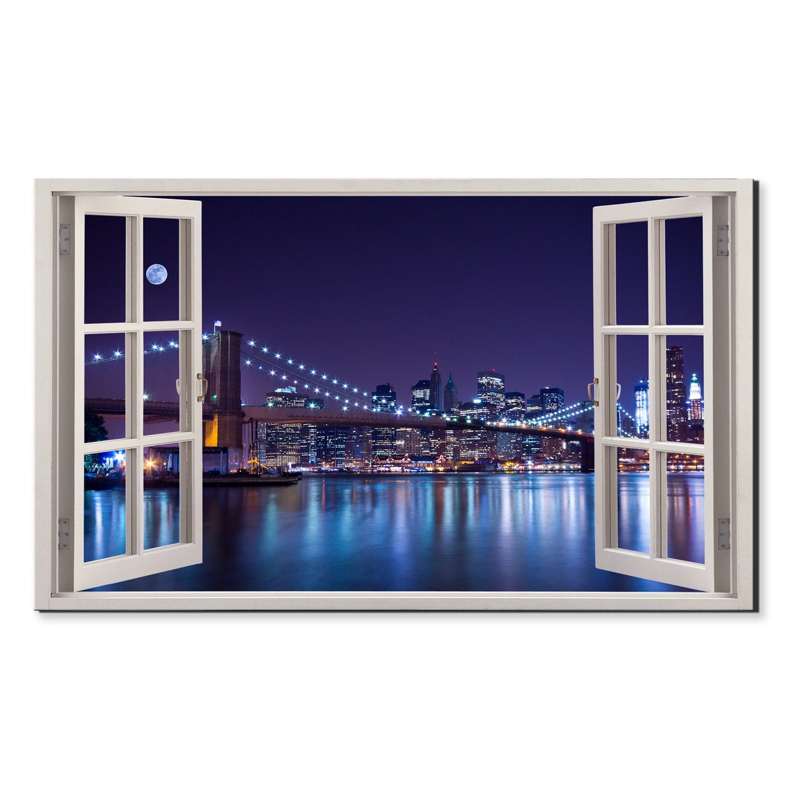 Brooklyn Bridge Night New York Open Window Moon City Lights Poster