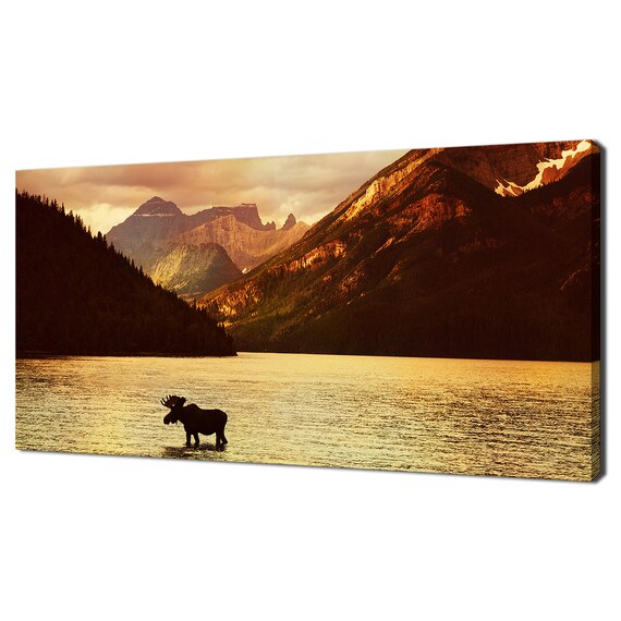 Moose Standing Mountain Lake Sunset Golden Wilderness Travel Poster