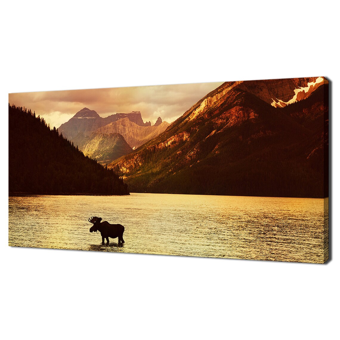 Moose Standing Mountain Lake Sunset Golden Wilderness Travel Poster