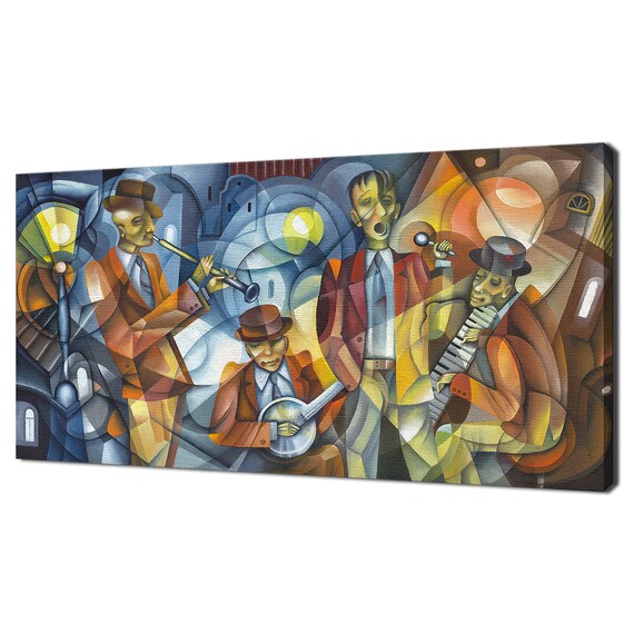 Cubist Jazz Orchestra Musicians Painting Colorful Music Wall Art Poster