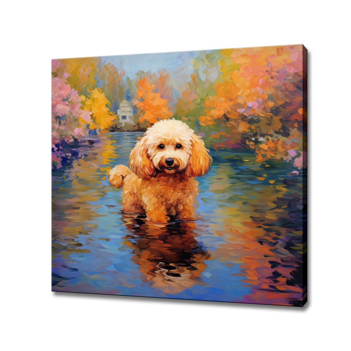 Cute Brown Poodle Dog Running In The River Print Gift For Poodle Dog Lover Colourful Dog Portrait Painting Print Dog Pet Wall Art