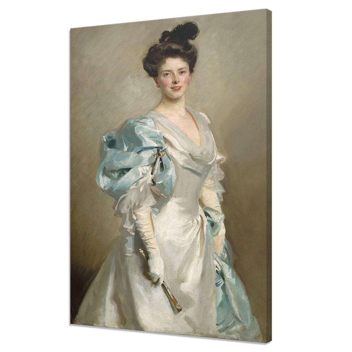 Victorian Lady In White Gown With Blue Shawl Holding Fan Art Poster