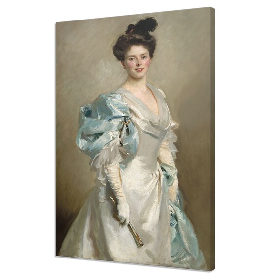 Victorian Lady In White Gown With Blue Shawl Holding Fan Art Poster