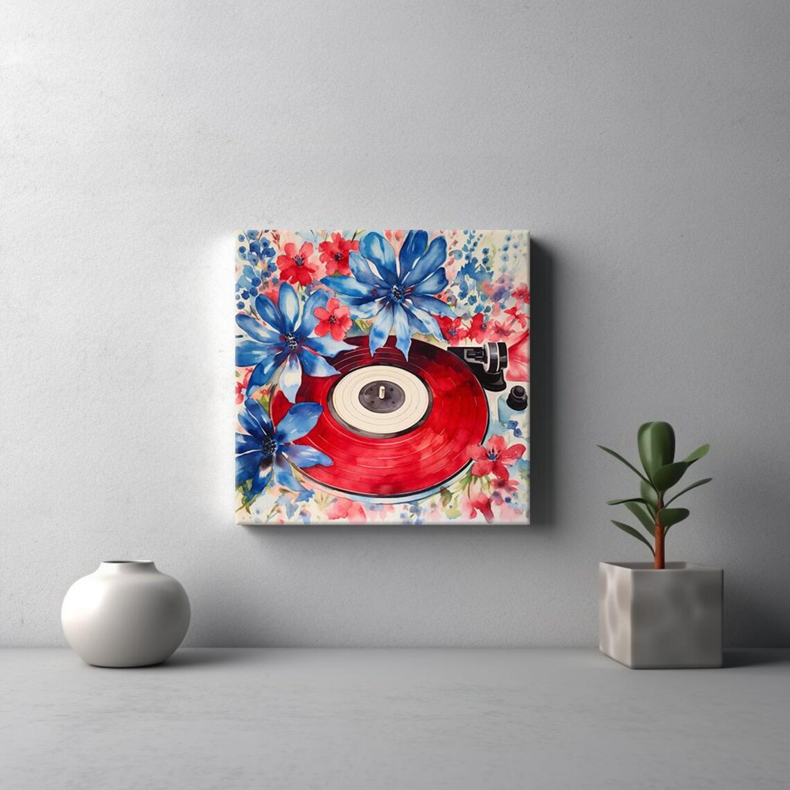 Red Vinyl Record Turntable Blue Flowers Watercolor Music Poster - Image 3