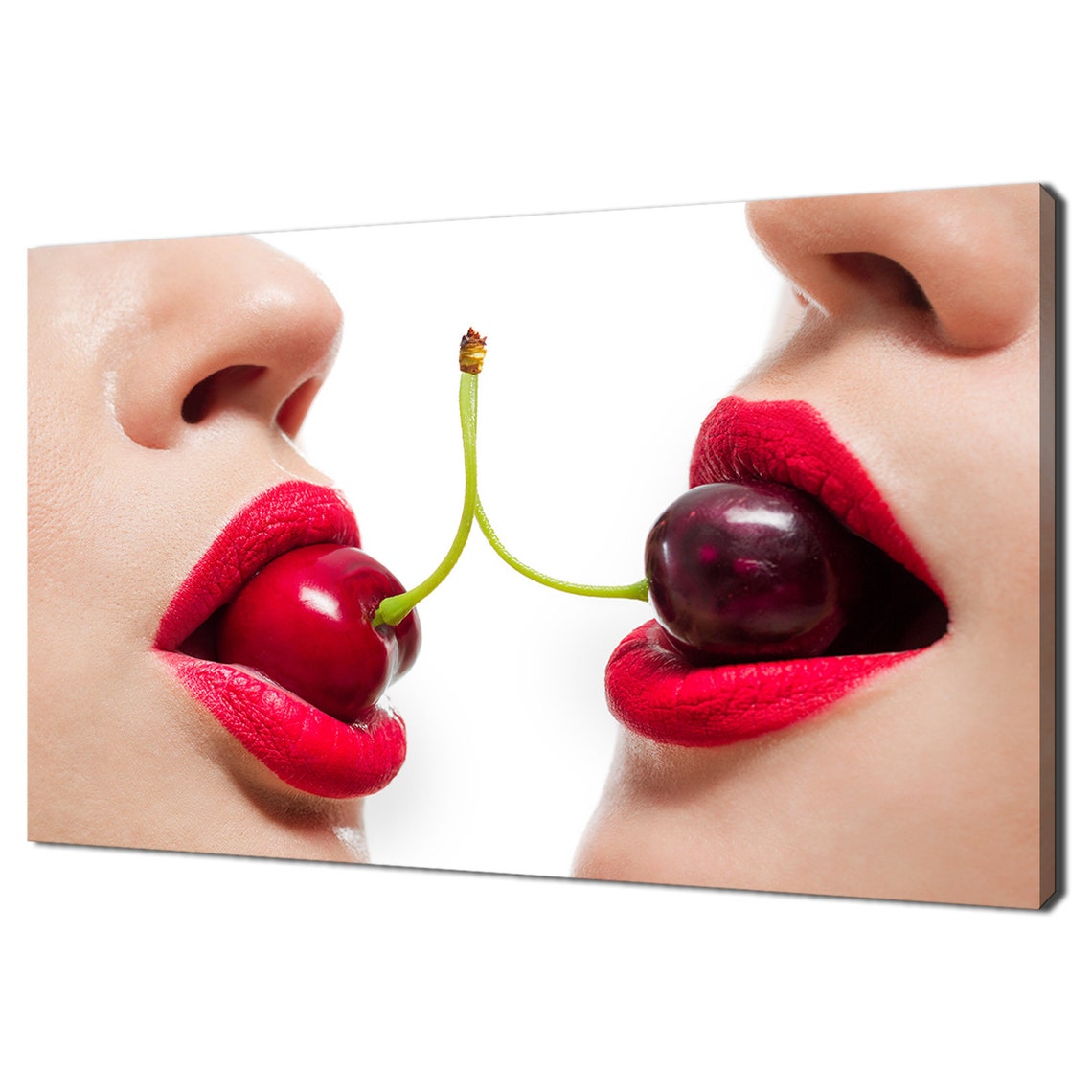 Red Lips Sharing Cherry Stem Sensual Close Up Photography Art Poster