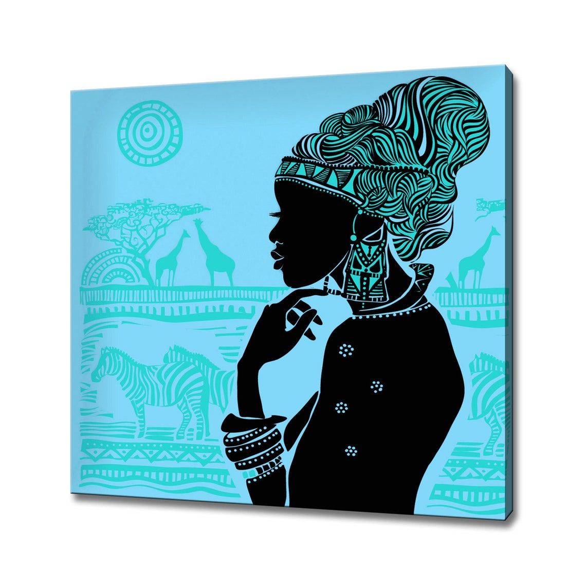 African Woman Silhouette Golden Savanna Giraffe Zebra Art Print - Image 2