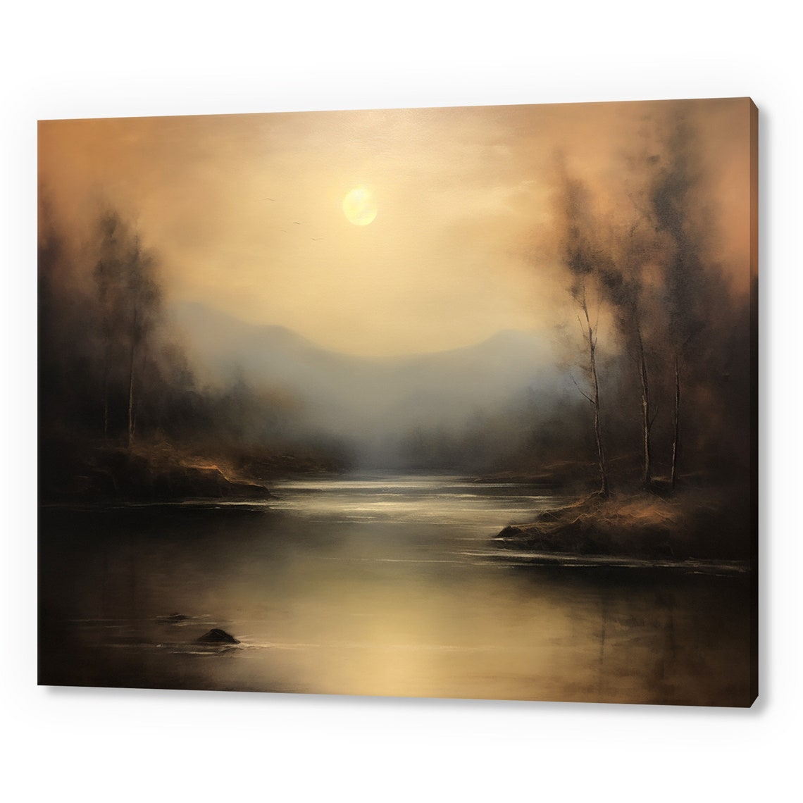 Golden Sunset Over Misty River With Birch Trees Moody Art Poster