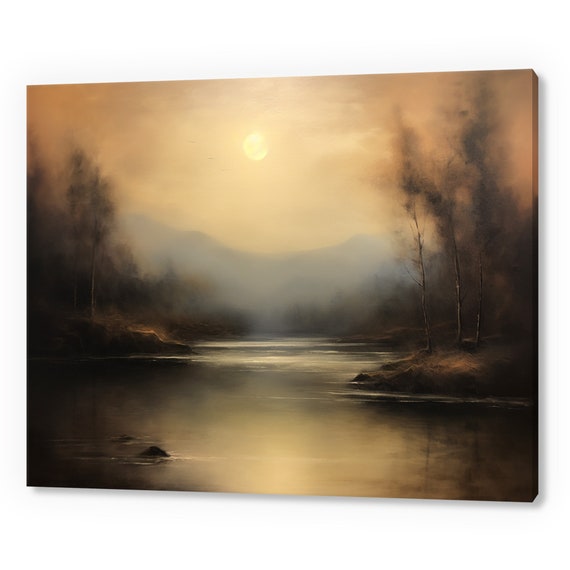 Vintage Country Landscape River Sunset Muted Moody Painting Style Print Farmhouse Decor Art Neutral Nature Picture Wall Hanging