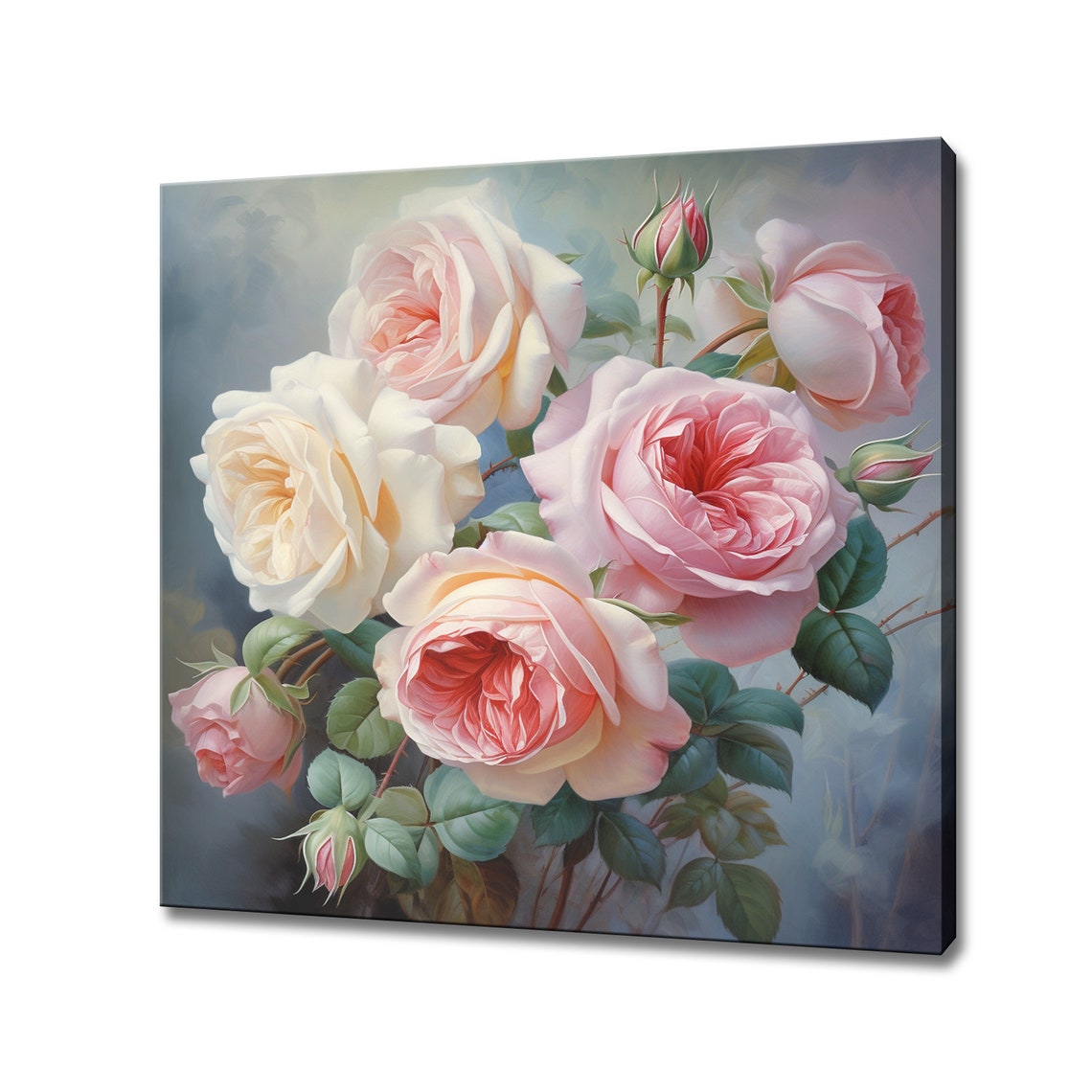 White Pink Rose Bouquet Vintage Romantic Floral Painting Buds Wall Art