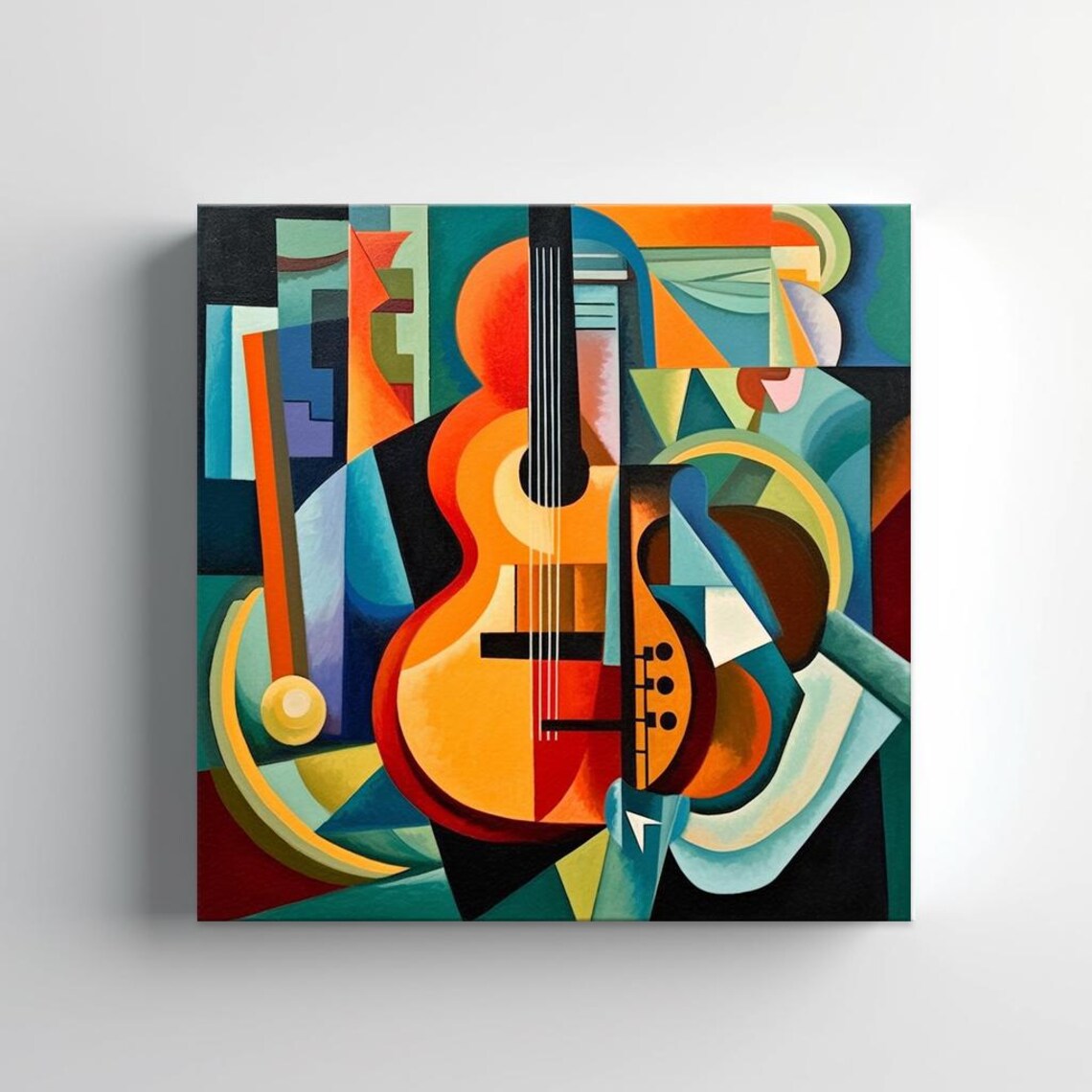 Cubist Acoustic Guitar Still Life Orange Teal Geometric Music Art Poster - Image 2