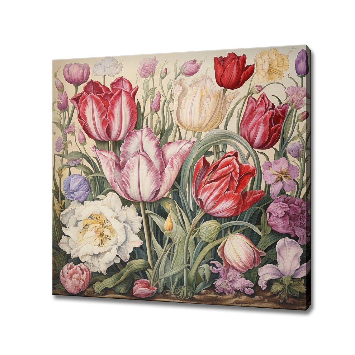 Vintage Botanical Tulips Illustration Red Pink Floral Art Print