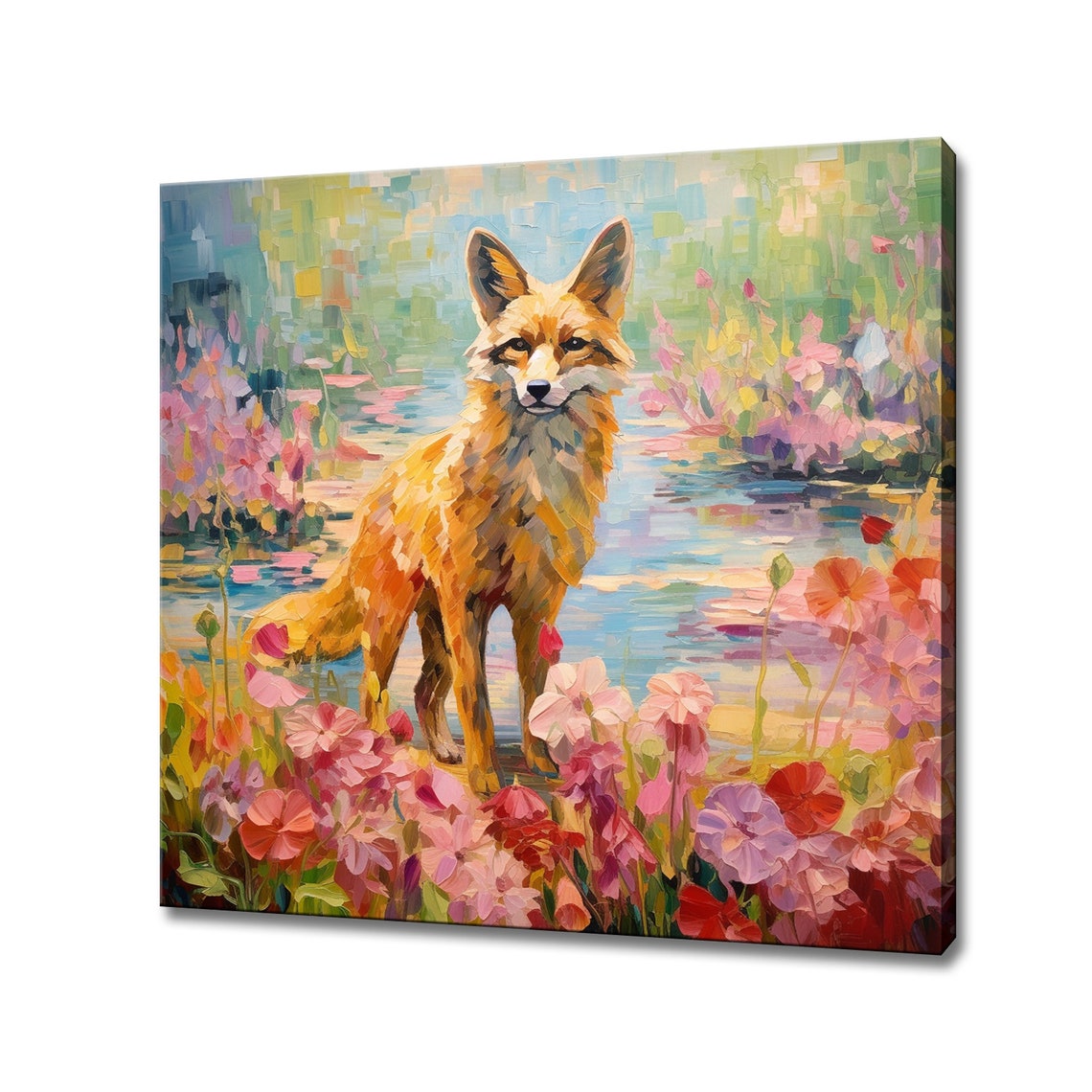 Red Fox Lakeside Pink Wildflowers Impressionist Wildlife Art Print