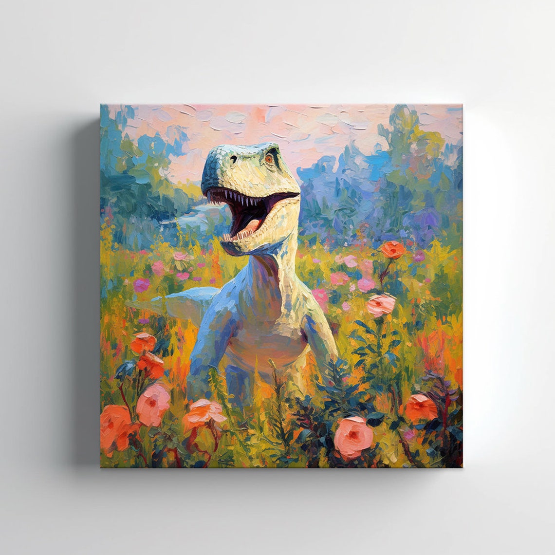 T Rex Dinosaur Roaring In A Colorful Wildflower Field Poster - Image 3