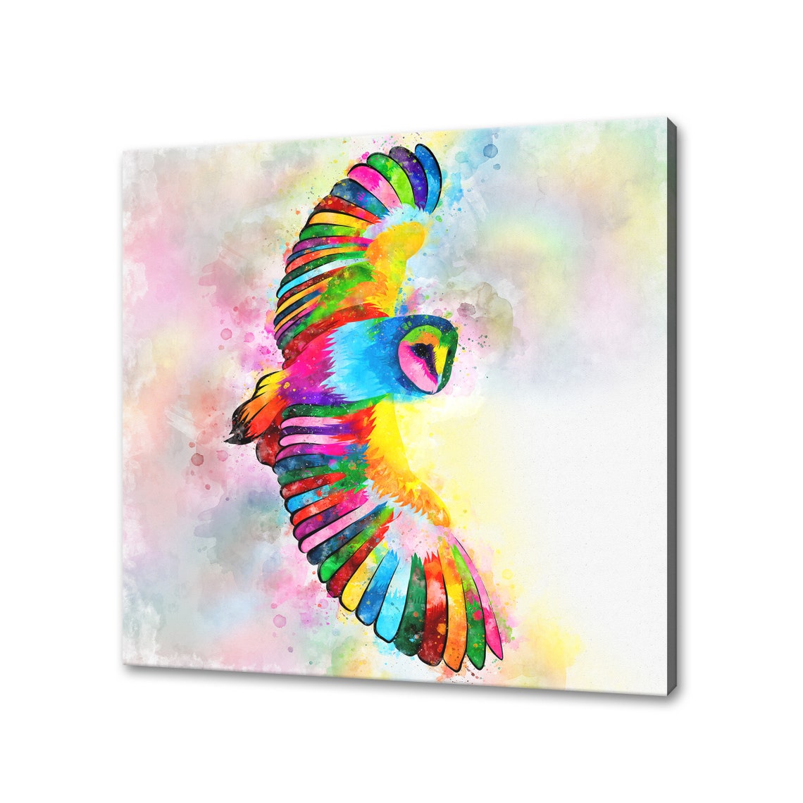 Rainbow Watercolor Flying Owl Barn Owl Flight Colorful Bird Wall Art