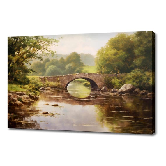 Bridge Over The River Vintage Painting Style Print Farmhouse Decor Art Nature Countryside Picture Wall Hanging Fine Art Print