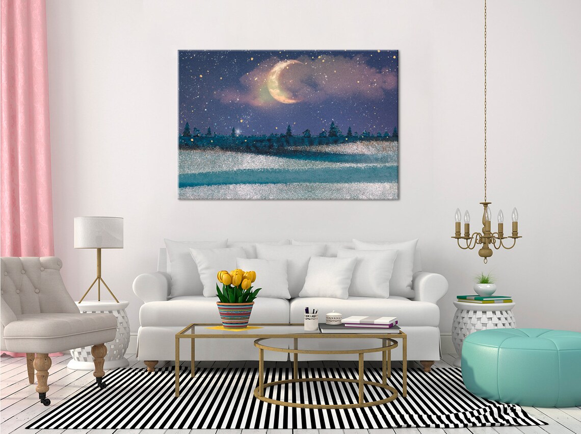 Night Sky With Moon, Modern Design Wall Art Print - Image 2