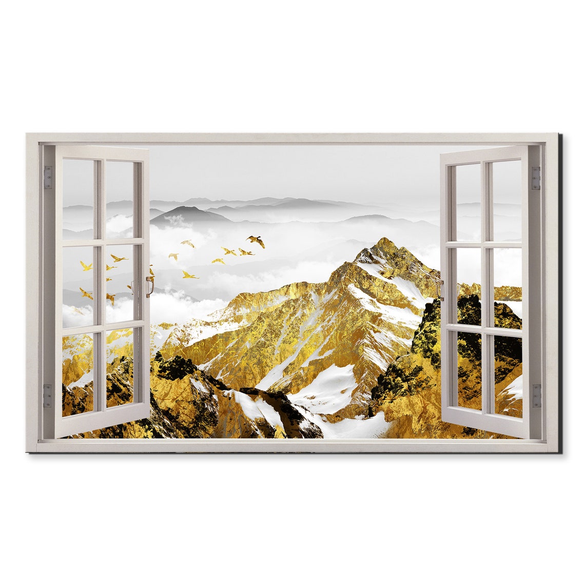 Golden Snowy Mountains Flying Birds Open Window View Illusion Poster