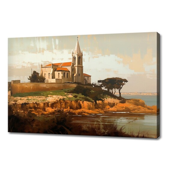 Coastal Church On Cliff Warm Sunset Riverside Village Church Poster