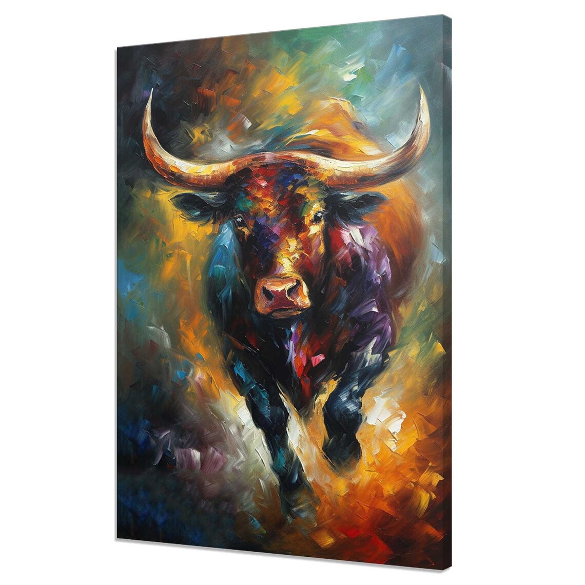 Charging Bull Oil Painting Style Fierce Colorful Wildlife Animal Art Poster