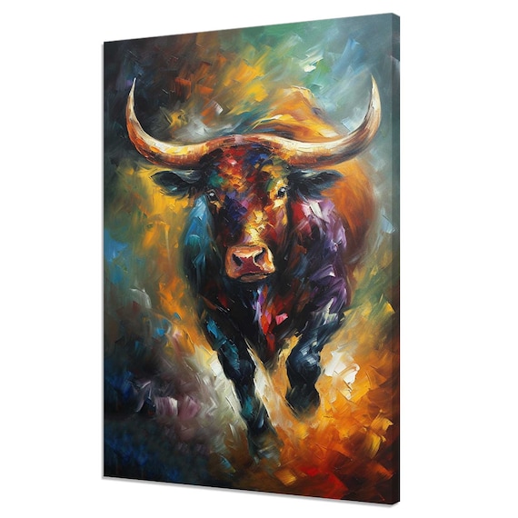 Charging Bull Oil Painting Style Fierce Colorful Wildlife Animal Art Poster