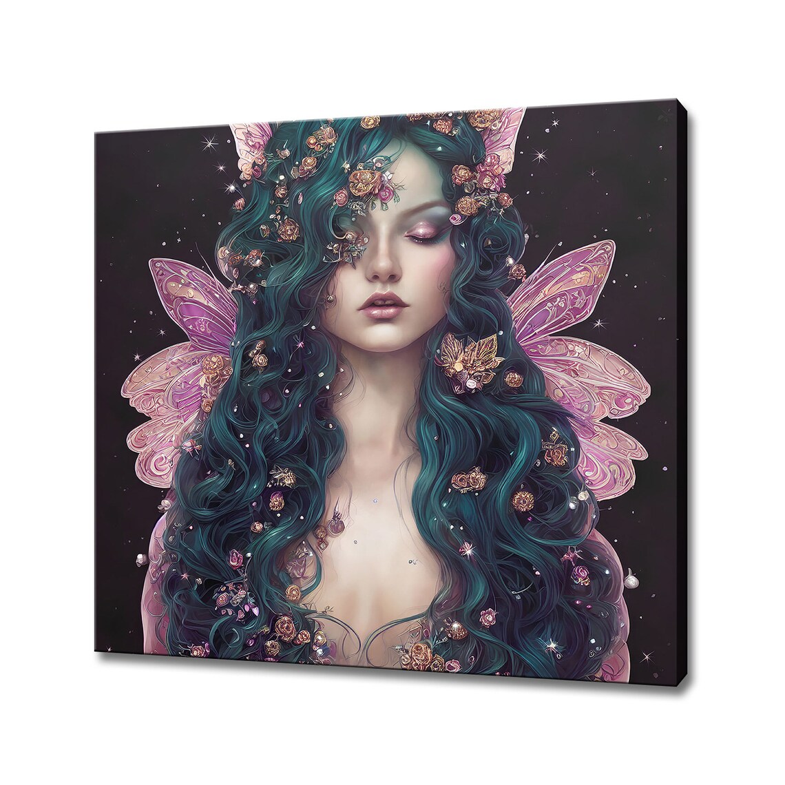 Fairy Woman Portrait Teal Hair Pink Butterfly Wings Flowers Dark Fantasy Poster