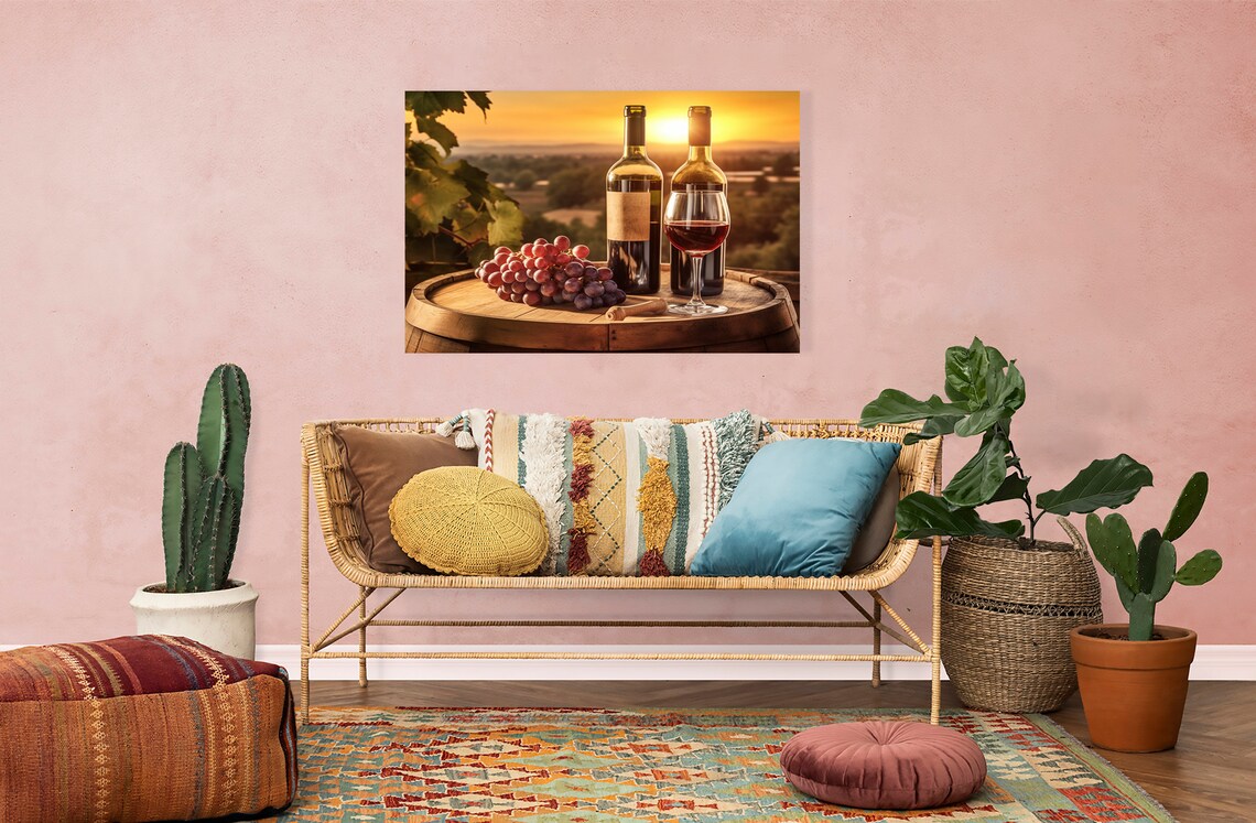 Wine Bottles Grapes Glass On Barrel Sunset Vineyard Hills Art Print - Image 4