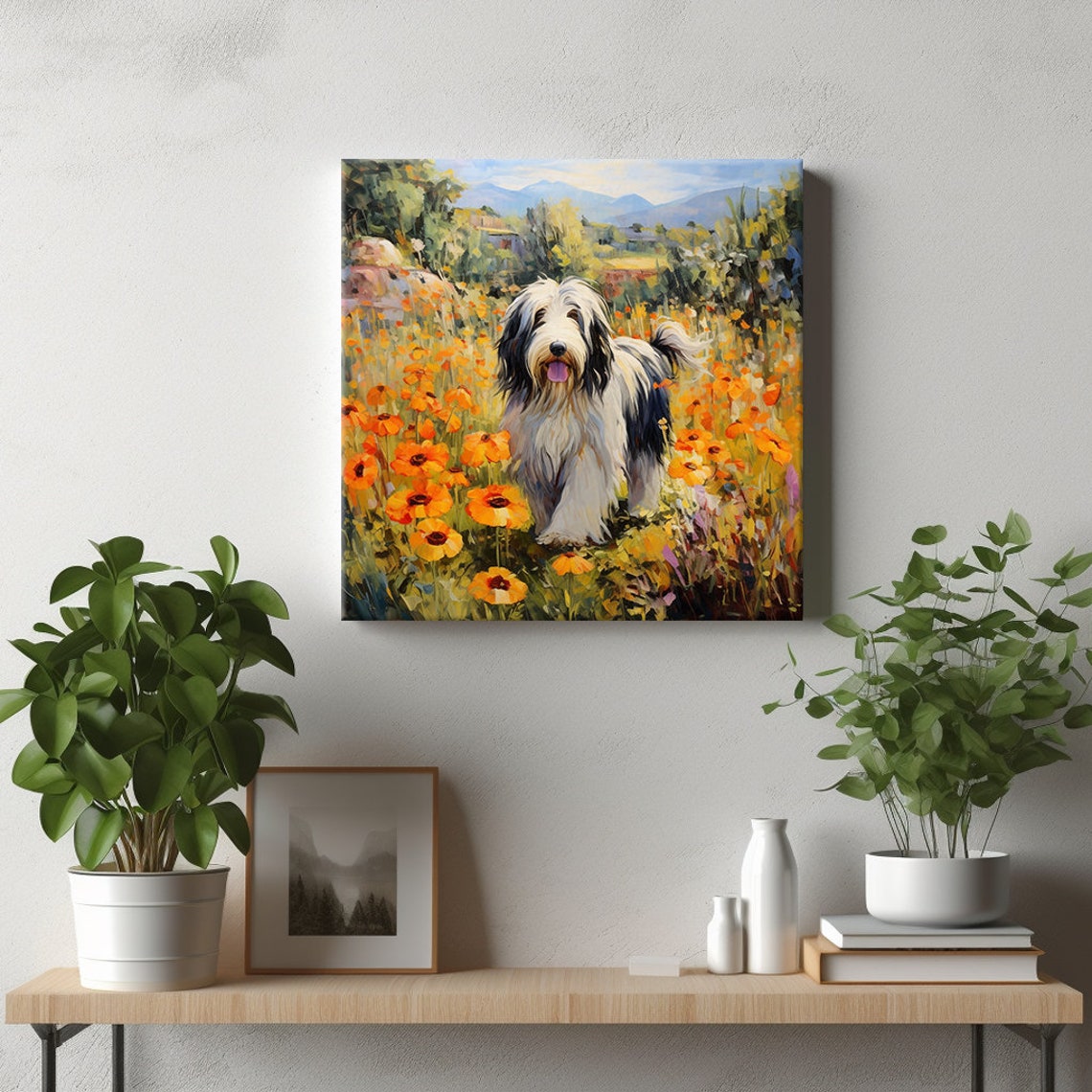 Beautiful Bearded Collie Dog In Flowers Field Animal Print Gift For Bearded Collie Dog Lover Colourful Dog Portrait Painting Print - Image 2