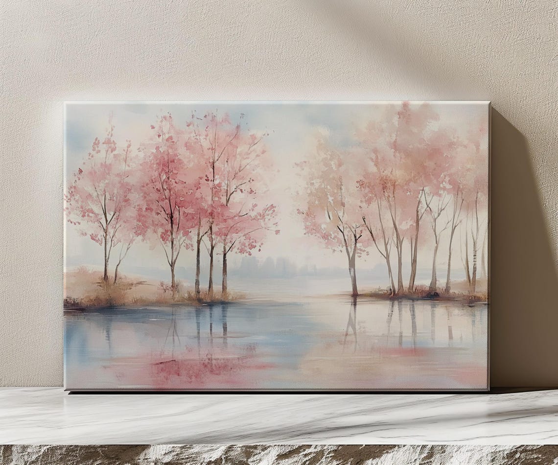 Pink Cherry Blossom Trees By Water Soft Watercolor Spring Print - Image 3