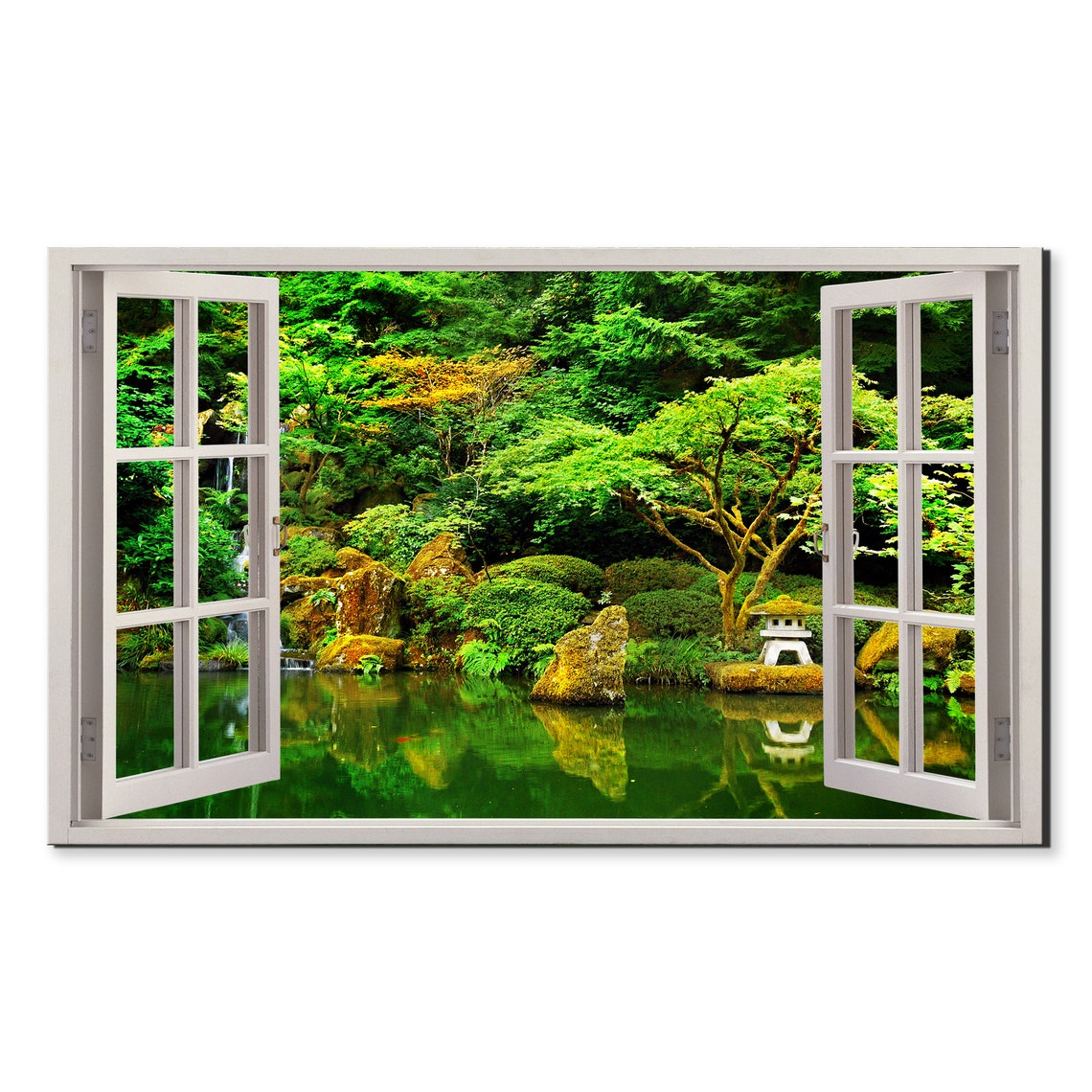 Japanese Zen Garden Pond Green Foliage Open Window View Poster