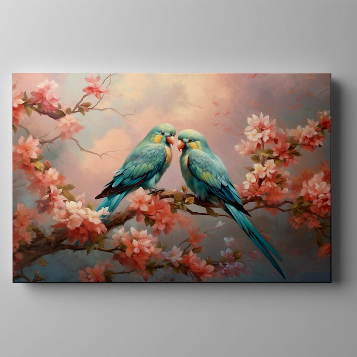 Two Mint Parrots Love Birds, Spring Nature Art Print - Image 3