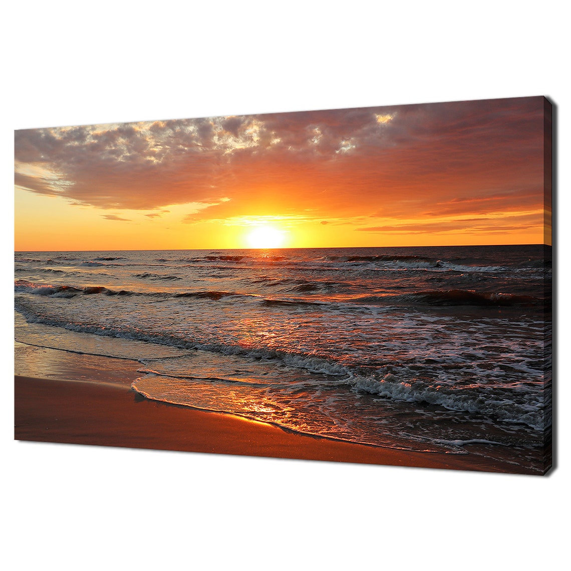 Orange Red Sunset Over Ocean Waves Beach Shoreline Seascape Wall Art
