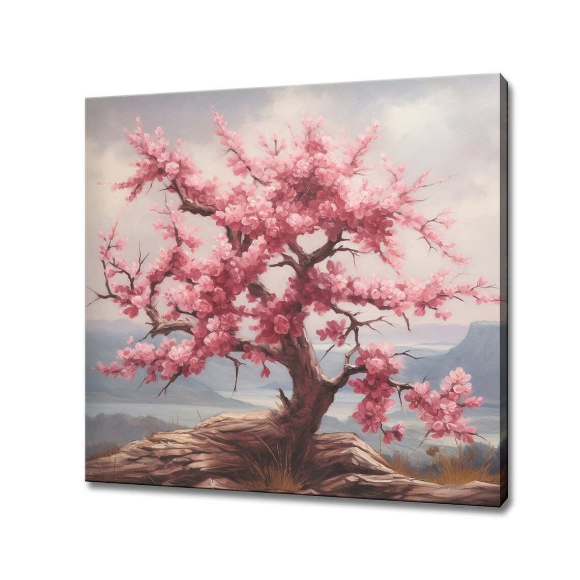 Blooming Cherry Blossom Tree on Rocky Hill Mountain View Art Poster