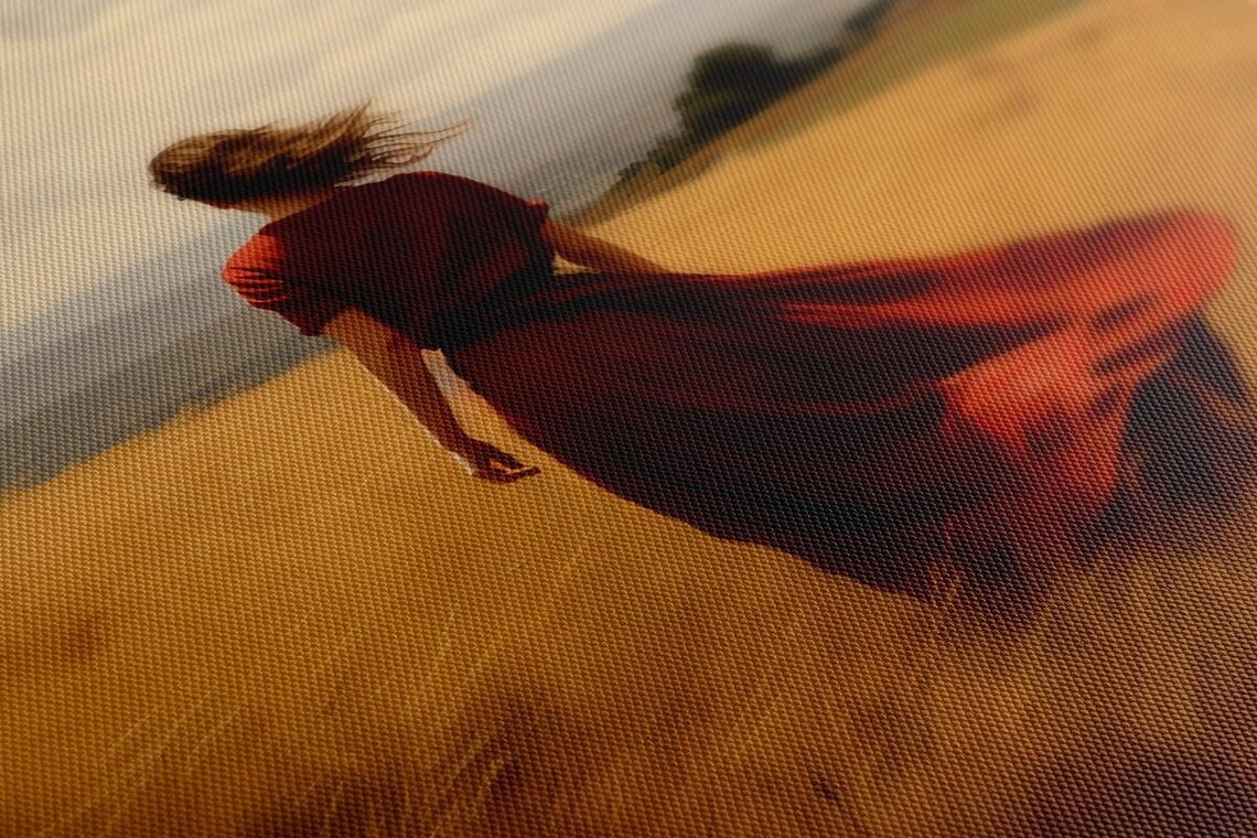 Woman In Red Dress Walking Golden Wheat Field Wind Vintage Art Poster - Image 3