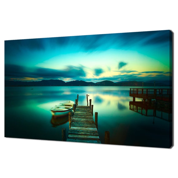 Beautiful Wooden Pier Jetty Lake Boat Sunset Modern Design Home Decor Print Wall Art Picture