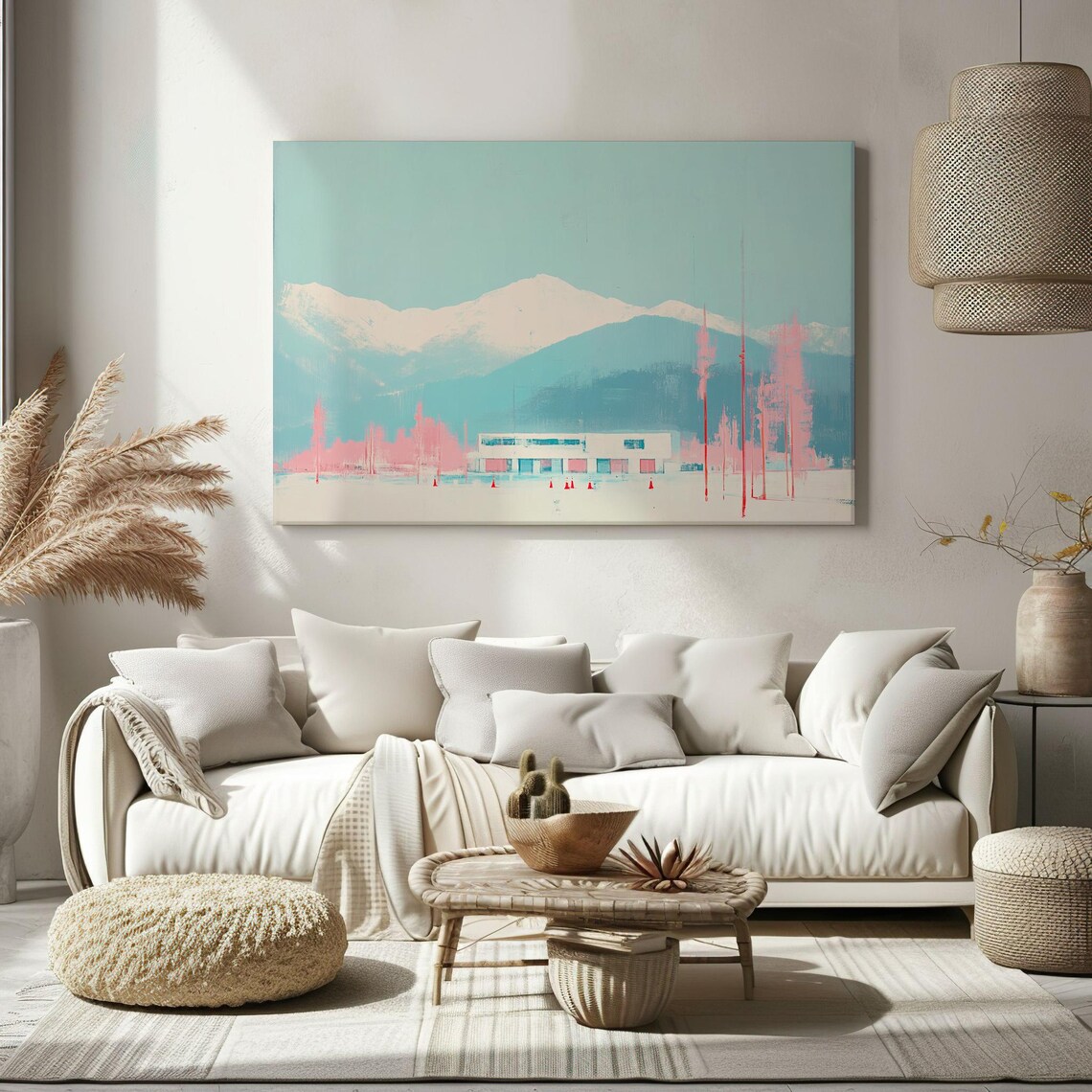 Pastel Snowy Mountains Blue Pink Minimalist Winter Landscape Art Print - Image 2