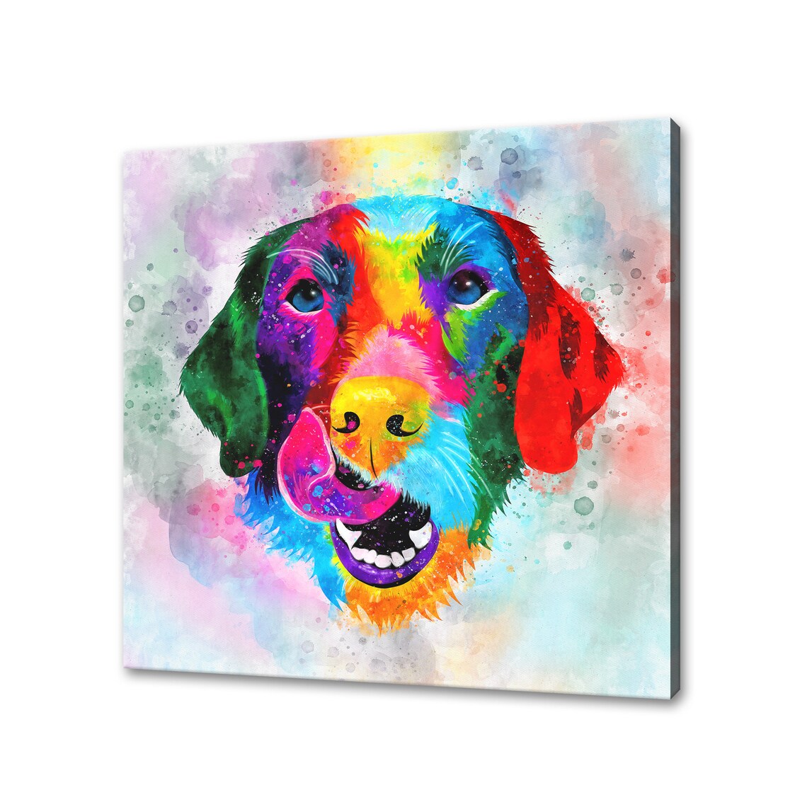 Happy Colourful Dog Rainbow Watercolour Tongue Out Portrait Poster