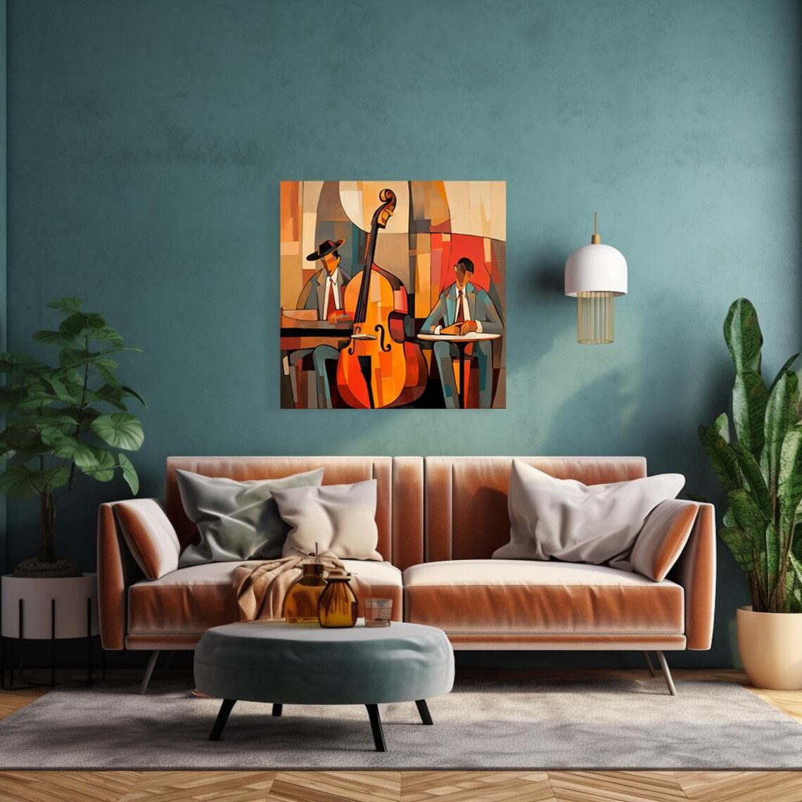 Double Bass Jazz Musicians Cubist Abstract Orange Red Music Art Poster - Image 4