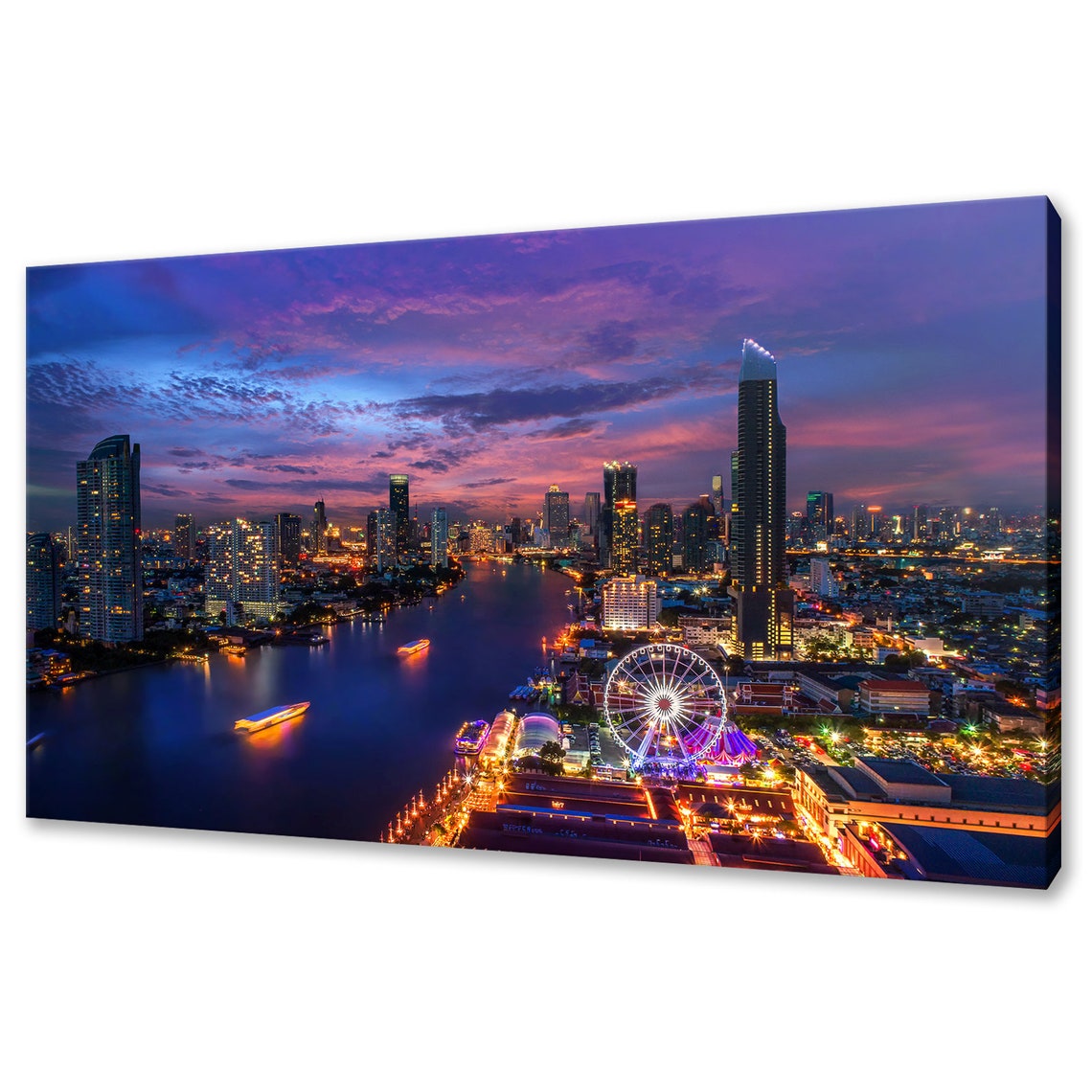 Bangkok Thailand Chao Phraya River Ferris Wheel Sunset Skyline Poster