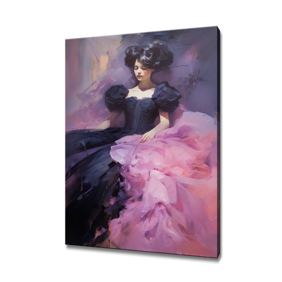 Elegant Lady In Pink Purple Victorian Baroque Puffy Dress Painting Style Print Modern Home Decor Fashion Wall Art Gift For Her