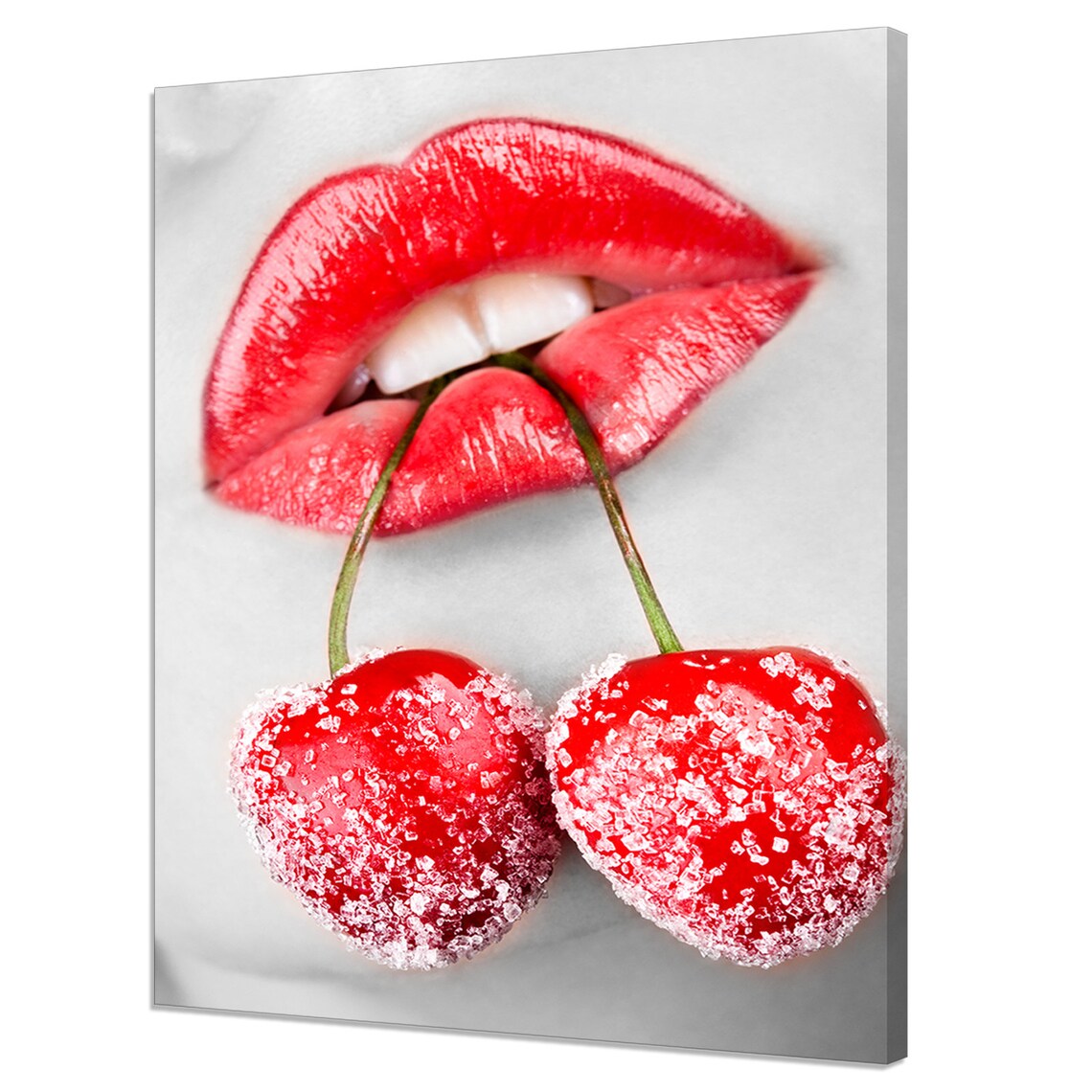 Glossy Red Lips Holding Frosted Cherries Pop Art Beauty Photo Print
