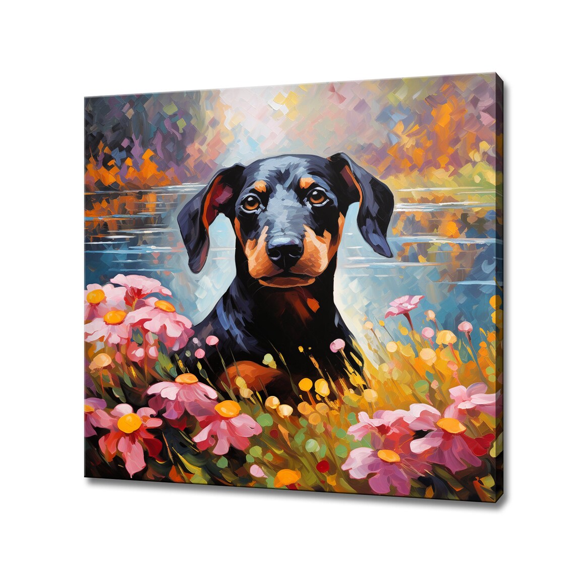 Black Tan Dachshund Puppy In Wildflowers Lake Painterly Dog Poster
